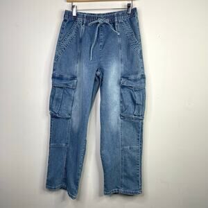 Almost Famous Distressed Denim Baggy Utility Cargo Pants Jeans Tie Waist women M